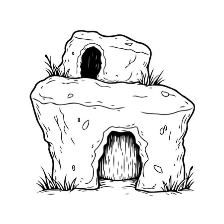 A stylized monochrome illustration depicts a dwelling formed by stacked, irregular rocks. Small patches of grass grow around the base, enhancing the primitive aesthetic. The simplistic linework andのイラスト素材