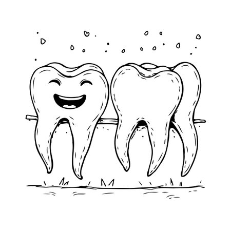 A whimsical illustration showcasing a cheerful and delightful scene of cartoon teeth characters on a stick. This image represents a lighthearted take on oral hygiene and dental care, promotingのイラスト素材