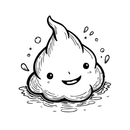 An endearing illustration featuring a foamy, cloud-like character with a cheerful expression. Surrounded by whimsical bubbles and droplets, it evokes a sense of cleanliness, freshness, and playfulのイラスト素材