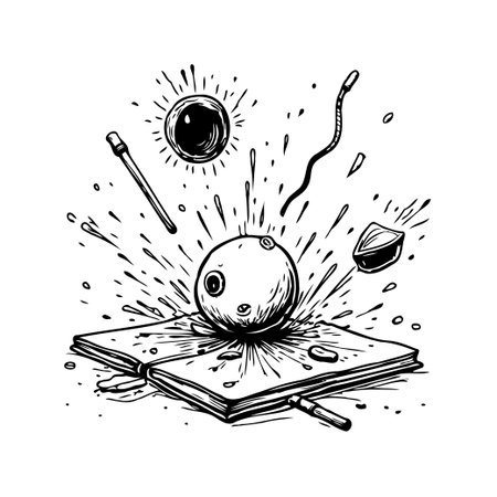 This conceptual and artistic design showcases a sphere centered on a flat surface. Surrounding the sphere are various objects and expressive splashes of material, all rendered in a strikingのイラスト素材