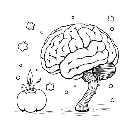 Conceptual illustration featuring a detailed brain drawing beside a glowing sphere, signifying the spark of inspiration and the enlightenment of thought and creative problem solving potential withinのイラスト素材