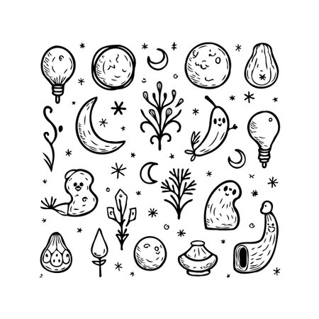 A delightful collection of hand-drawn doodles featuring celestial bodies, whimsical creatures, and organic shapes. This illustration showcases a playful and imaginative style, perfect for adding aのイラスト素材