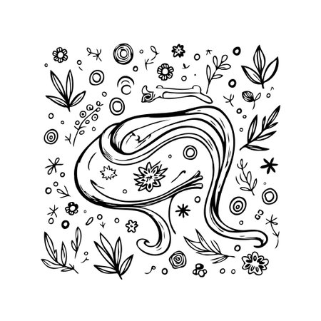 An abstract image featuring a floating figure surrounded by stylized flora. This tranquil illustration evokes a sense of peace, meditation, and wellness. It suggests a dreamy and surreal worldのイラスト素材