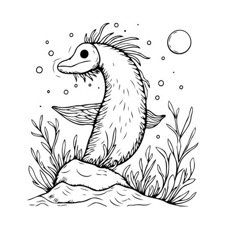 A hand-drawn illustration of a whimsical sea monster swimming in the ocean with flowing lines and aquatic plantlife. The design is playful and stylized, ideal for children's books or imaginativeのイラスト素材