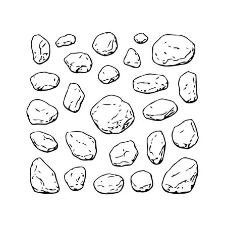 This artistic monochrome drawing showcases a collection of natural stones and rocks, offering unique texture and patterns. Perfect for adding a touch of earthy elegance to any project requiringのイラスト素材