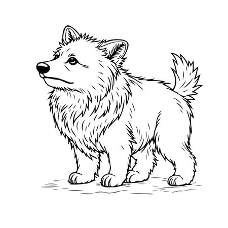 A meticulously crafted black and white illustration showcases a charming spitz puppy. The image emphasizes the dog's fluffy coat and adorable features. The drawing captures the essence of a loyalのイラスト素材