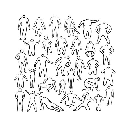 A collection of simple line drawings depicts a diverse group of human figures in various poses. The minimalist style emphasizes form and gesture, creating an abstract representation of humanのイラスト素材