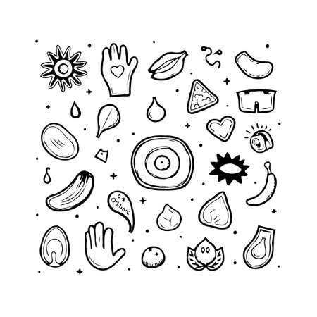 A delightful assortment of hand-drawn doodles presented in a clean, minimalist style. The collection features various shapes, elements, and objects, creating a playful and unique visual composition.のイラスト素材