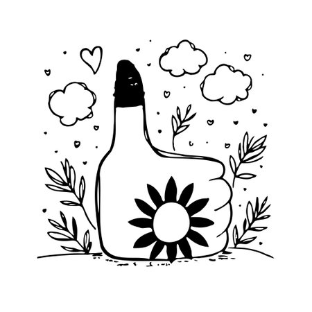 A whimsical doodle illustration showcasing a hand giving a thumbs-up, decorated with a central floral motif, enveloped by foliage and floating clouds. This simple line art conveys positivity,のイラスト素材