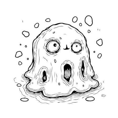 Monochrome illustration featuring a whimsical blob character with large, expressive eyes and a small, endearing mouth. Floating bubbles surround the creature, creating a lighthearted and surrealのイラスト素材