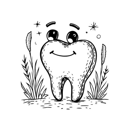 A cheerful tooth character radiates positivity amidst a natural setting, rendered in a charming black and white illustration. This delightful image evokes feelings of well-being and cleanliness,のイラスト素材
