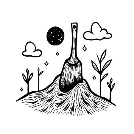 An illustrative artwork displaying a brushstroke formation creating a mountain-like landscape under a celestial sky. This minimalist and whimsical design incorporates stars moon and cloud elementsのイラスト素材