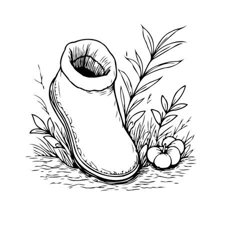 A hand-drawn monochrome illustration features a single boot resting among tufts of grass and small pumpkin like vegetables. This evokes a sense of rustic simplicity, natural beauty, and the quietのイラスト素材