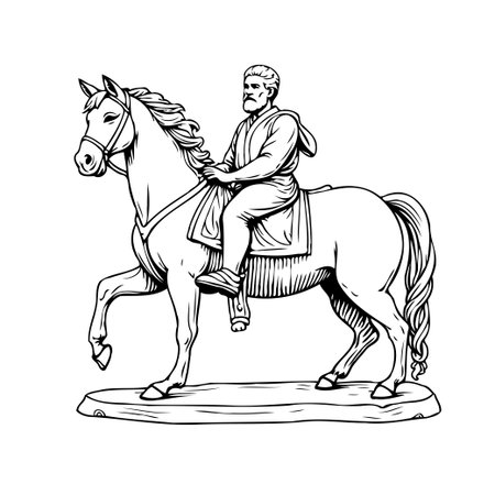 Detailed black and white illustration showcasing a bearded man mounted on a horse. The artwork emphasizes bold lines and shading techniques, creating a vintage, stylized look. Perfect forのイラスト素材