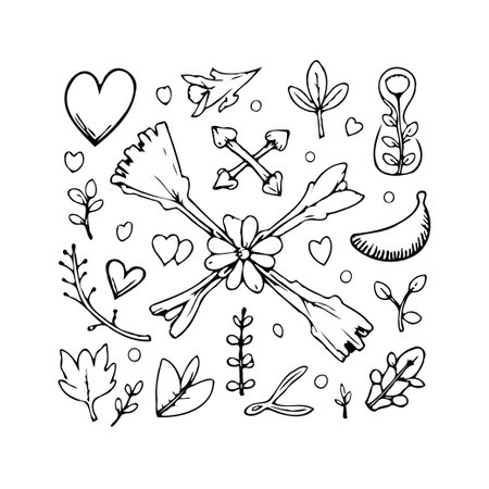This is a delightful doodle design featuring whimsical botanical and floral elements. The design has a focal point centered on an abstract flower shape, surrounded by hearts and leaf elements,のイラスト素材