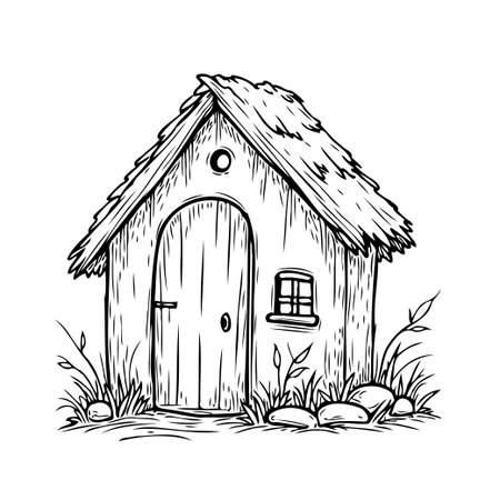 A simple yet enchanting illustration showcasing a cottage, depicted in a whimsical hand-drawn style. This image evokes a sense of rustic charm, portraying a small, isolated home with thatched roof,のイラスト素材