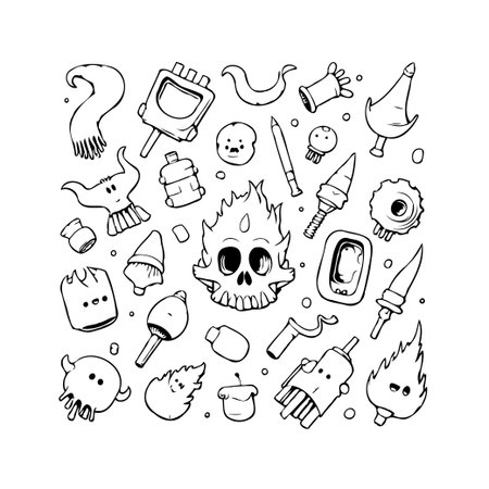 A whimsical and fantastical collection of outlined game assets and elements creates an engaging graphic design. The black and white vector art features strange, quirky, and comical fantasyのイラスト素材