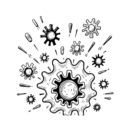 An intricate hand-drawn illustration showcasing a complex system of interlocking gears and cogs. This image conveys themes of teamwork, engineering, and mechanical design, making it suitable forのイラスト素材