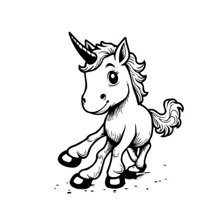A charming black and white sketch of a unicorn, exhibiting an enchanting blend of fantasy and simplicity. The clean lines and expressive form make it ideal for storybooks, decorative elements, orのイラスト素材