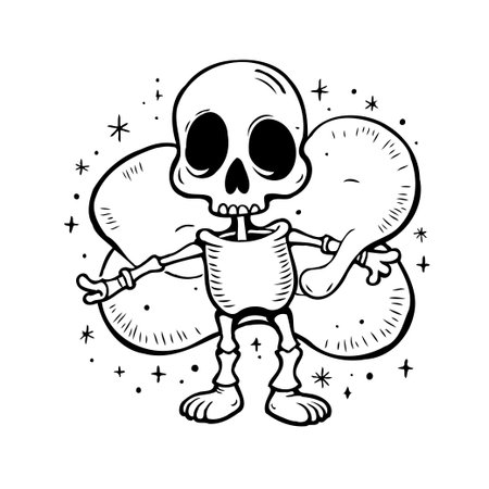 A whimsical drawing showcases a skeleton character cheerfully dancing with celestial sparkles in the background. The artwork is isolated on a white background and features a clean outline, ideal forのイラスト素材
