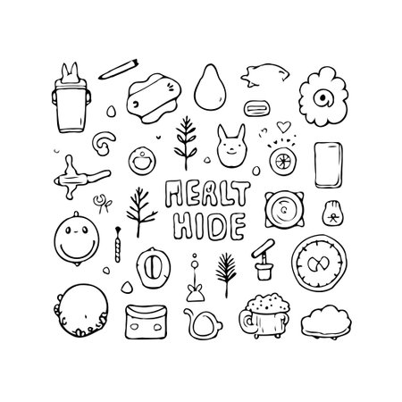 This hand-drawn illustration presents a collection of whimsical doodles, encompassing various objects and endearing characters. The expressive linework and lightheartedness of the composition evokeのイラスト素材