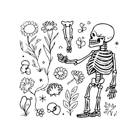 A stylized illustration featuring a skeleton surrounded by flowers and botanical elements. The artwork presents a blend of gothic and whimsical themes in a line art style. Perfect for use as aのイラスト素材