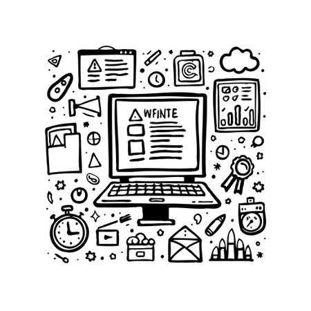 A hand-drawn illustration features a digital workspace with a laptop displaying an online checklist. It is surrounded by icons representing various productivity and organizational tools. Thisのイラスト素材