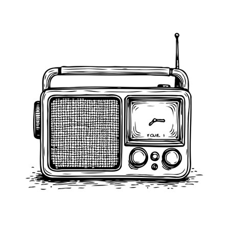 This hand-drawn illustration captures the nostalgic essence of a retro radio. The monochrome sketch highlights the vintage design and analogue features of a classic communication device, bringing aのイラスト素材