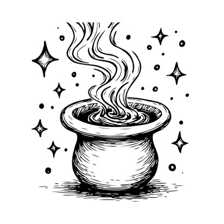 A hand-drawn illustration depicts a cauldron filled with a mystical brew, swirling steam rises to create a magical atmosphere accentuated by twinkling stars. The monochrome artwork exudes a sense ofのイラスト素材