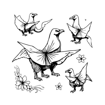 This black and white illustration showcases a collection of imaginatively designed origami birds. The intricate folds and delicate floral accents give a unique and creative flair. Each element isのイラスト素材