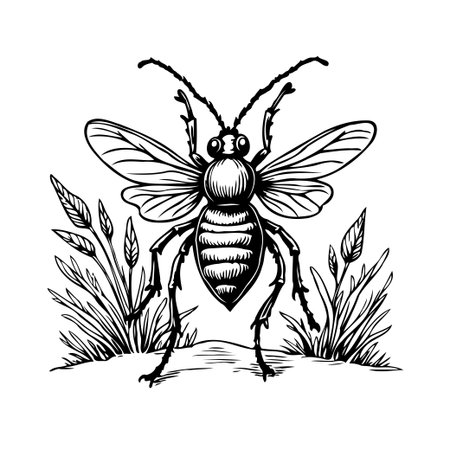 A detailed vector illustration showcasing a bee among tall blades of grass. Created using a black and white monochromatic style with delicate lines and decorative elements. Captures the essence ofのイラスト素材