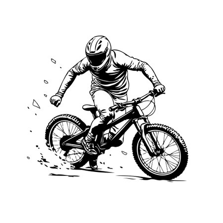 Dynamic black and white vector illustration capturing the intensity of extreme mountain biking, showcasing a biker in full gear executing a daring maneuver on challenging terrain. Illustrates theのイラスト素材