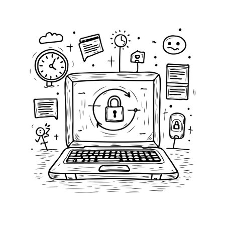 An artistic hand drawn style illustration showcases a laptop secured with a padlock symbolizing online safety and data protection. The design incorporates a digital security concept with reminders,のイラスト素材