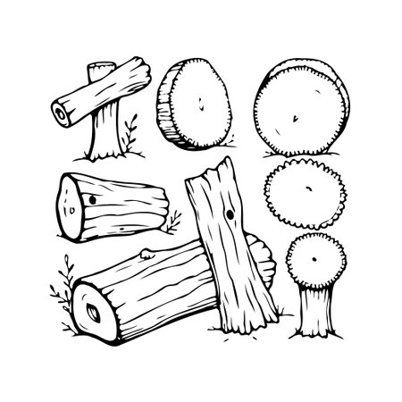 Black and white hand drawn illustration of various wood elements like logs, planks, rounds, slices, and stumps. Ideal for rustic designs, nature-themed projects, or scrapbooking. A versatile graphicのイラスト素材