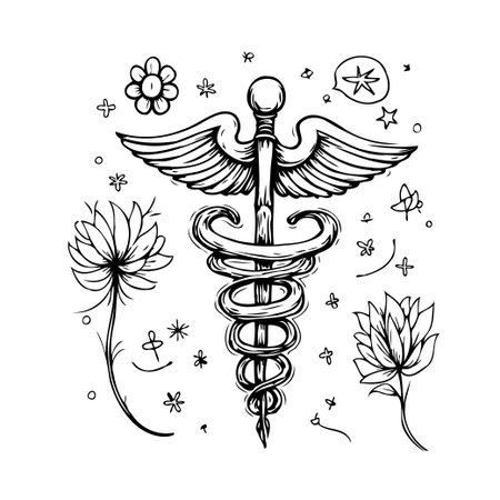 Stylized monochrome image showing a hand-drawn caduceus at the center surrounded by floral elements. This illustration could represent health, wellness, and a holistic approach to medicine. It is aのイラスト素材