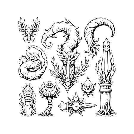 A collection of unique ink-drawn illustrations depicting fantastical heraldic creatures and gothic design elements. These artistic drawings offer a blend of ethereal and mysterious features, perfectのイラスト素材