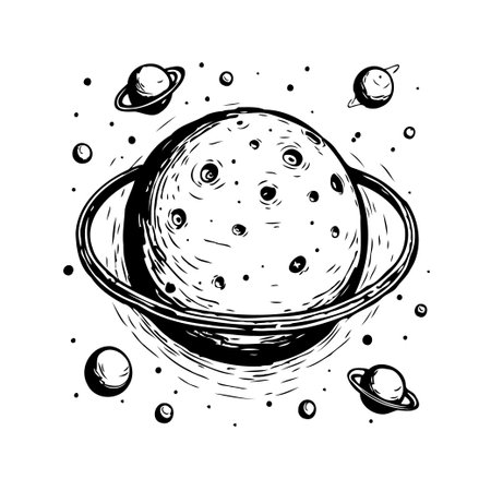 A detailed vector illustration of a planet adorned with rings and multiple moons, set against a background of scattered stars. The monochromatic style offers a blend of cosmic and astrologicalのイラスト素材