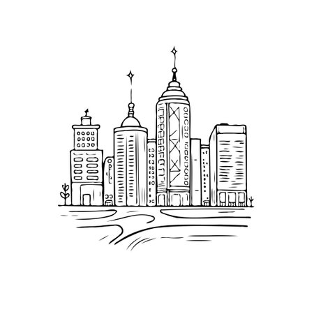 This minimalist black and white drawing portrays a stylized city skyline, highlighting a variety of building shapes and architectural styles. The image evokes a sense of urban life and modern designのイラスト素材