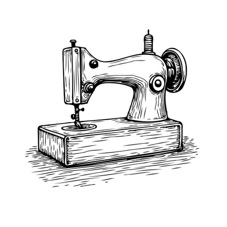 Detailed illustration of a vintage sewing machine. This art depicts classic tailoring equipment. A blend of functionality and aesthetic charm, suitable for projects emphasizing handmade, vintageのイラスト素材