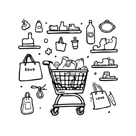 An illustrative monochrome hand drawn shopping trolley, heavily laden with groceries, presented amid store shelves stocked with various products. The artwork captures the essence of retailのイラスト素材