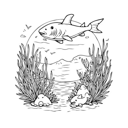 A minimalistic black and white illustration depicts a shark swimming above a seabed populated with seaweed and small creatures. A tranquil seascape backdrop adds depth, creating a peaceful, aquaticのイラスト素材