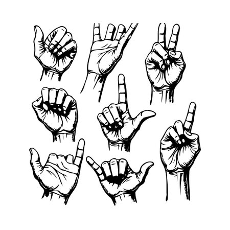 This striking illustration showcases a variety of hand gestures, each representing a different form of communication. From simple signals to complex expressions, these hand signs provide a visualのイラスト素材