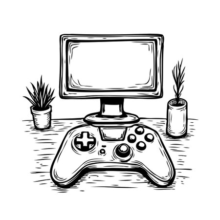 A black and white illustration presents a gaming setup, combining a retro-style controller with a modern monitor. Minimalist plants add visual harmony, creating a clean and artistic representationのイラスト素材