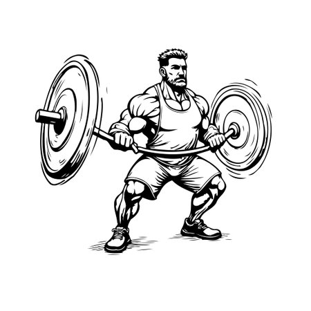 A bold graphic illustration captures the essence of weightlifting featuring a muscular athlete performing a clean and jerk with focused determination. This artwork celebrates the dedication andのイラスト素材