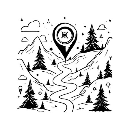 An illustrative graphic showcases a winding path cutting through a mountainous landscape dotted with pine trees under a sky with scattered clouds. It evokes a sense of adventure, exploration, andのイラスト素材