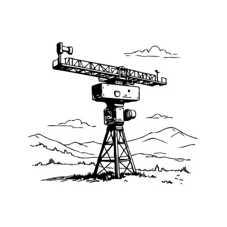 A stylized drawing depicts a weather station observation tower standing on a small hill, with mountains in the background. The artwork is rendered in black and white, giving it a clean andのイラスト素材