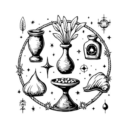 Intricate black and white illustration displaying a collection of mystical and botanical elements. The illustration includes antique vessels, stylized plants, and celestial motifs arranged within aのイラスト素材