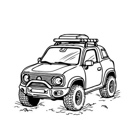 A hand drawn style illustration of a fun, off-road vehicle. The car shows roof rack and all terrain tyres, perfect for road trip and for a journey or exploration in the wilderness, for recreationのイラスト素材