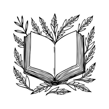 A hand-drawn style illustration of an open book, surrounded by floral and leaf elements, evokes feelings of creativity and knowledge. Ideal for designs promoting education, learning, or theのイラスト素材