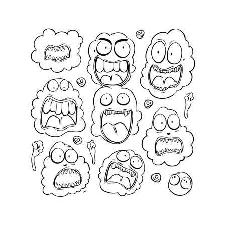 A black and white cartoon illustration presenting a collection of cloud like characters with diverse and comical expressions. The whimsical design features exaggerated features, creating aのイラスト素材